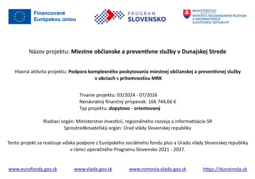 Plagát - publicita a informovanosť k projektu s názvom "Miestne občianske a preventívne služby v Dunajskej Strede"