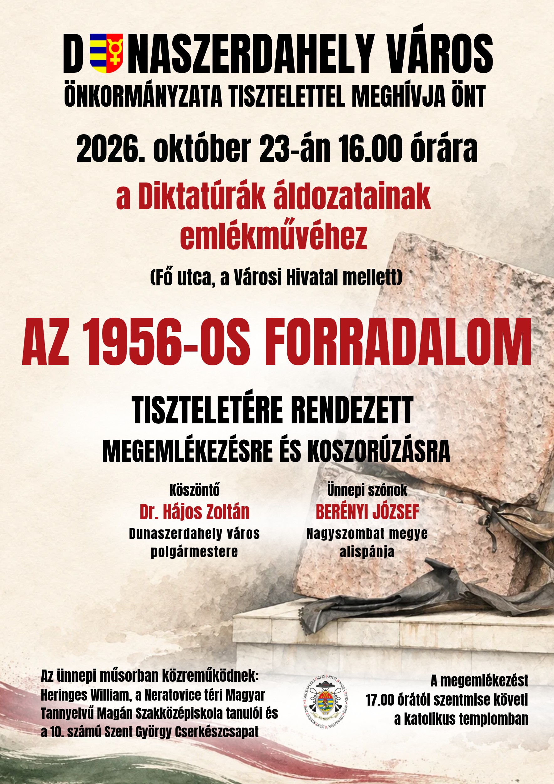 Meghívó az 1956-os forradalom tiszteletére rendezett megemlékezésre és koszorúzásra