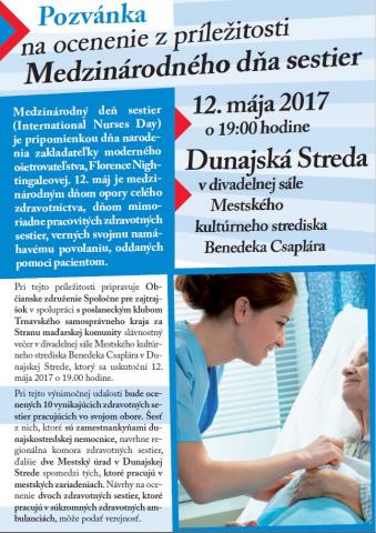 Pozvánka na ocenenie z príležitosti Medzinárodného dňa sestier